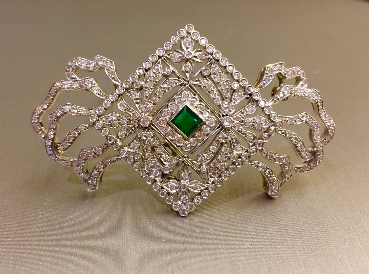 Diamond Emerald Bow Brooch