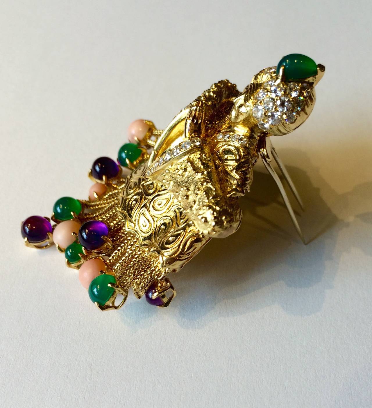 Unique and Ornate 18kt Yellow Gold Estate Brooch Set with Coral, Amethyst, Chalcedony and Diamonds 1.56t.w. / SI / H-I / MED.