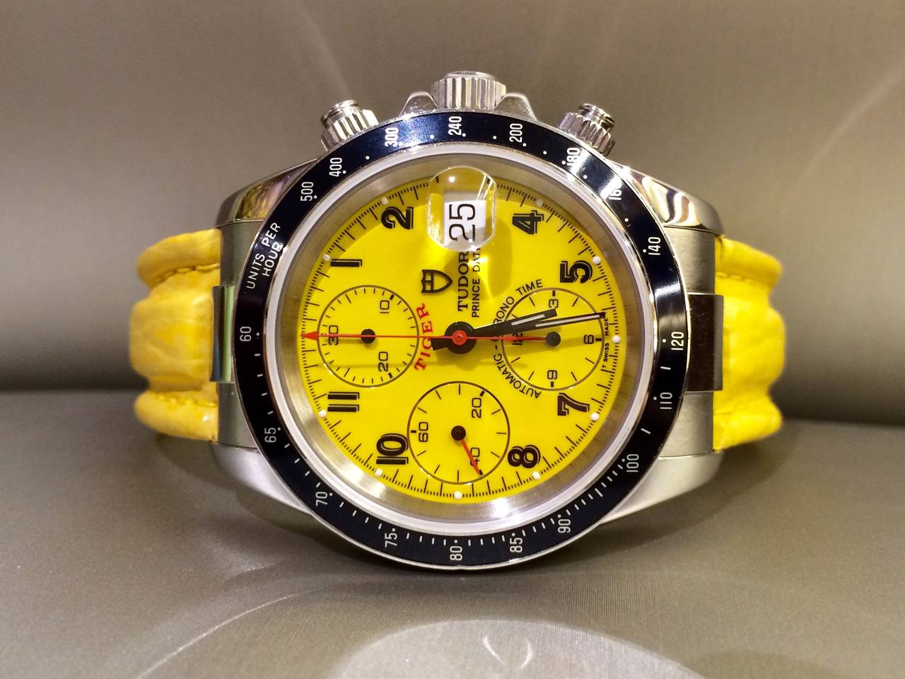 Tudor Tiger Prince Date Yellow Chronograph Wristwatch, Automatic Winding. Stainless Steel Case with Black Tachymeter 40mm Bezel. Yellow Dial with Black Arabic numerals; Hour, Minute and Second Recorders, Yellow Strap with Stainless Steel Tudor