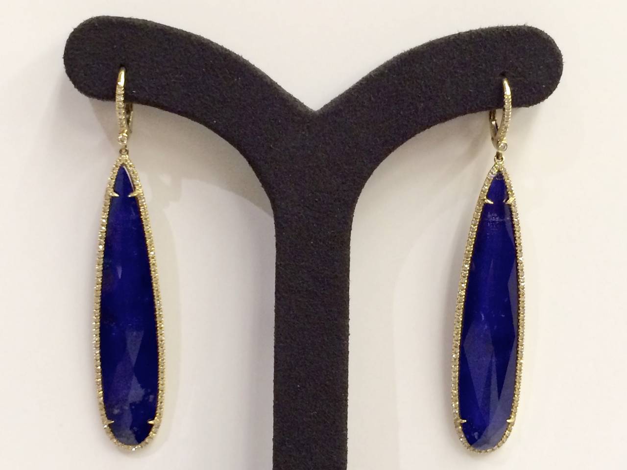 One Pair of 14KT Yellow Gold Lapis Doublet Drop Earrings, Accented with 1.05TW / SI-I / Single Cut Diamonds.
