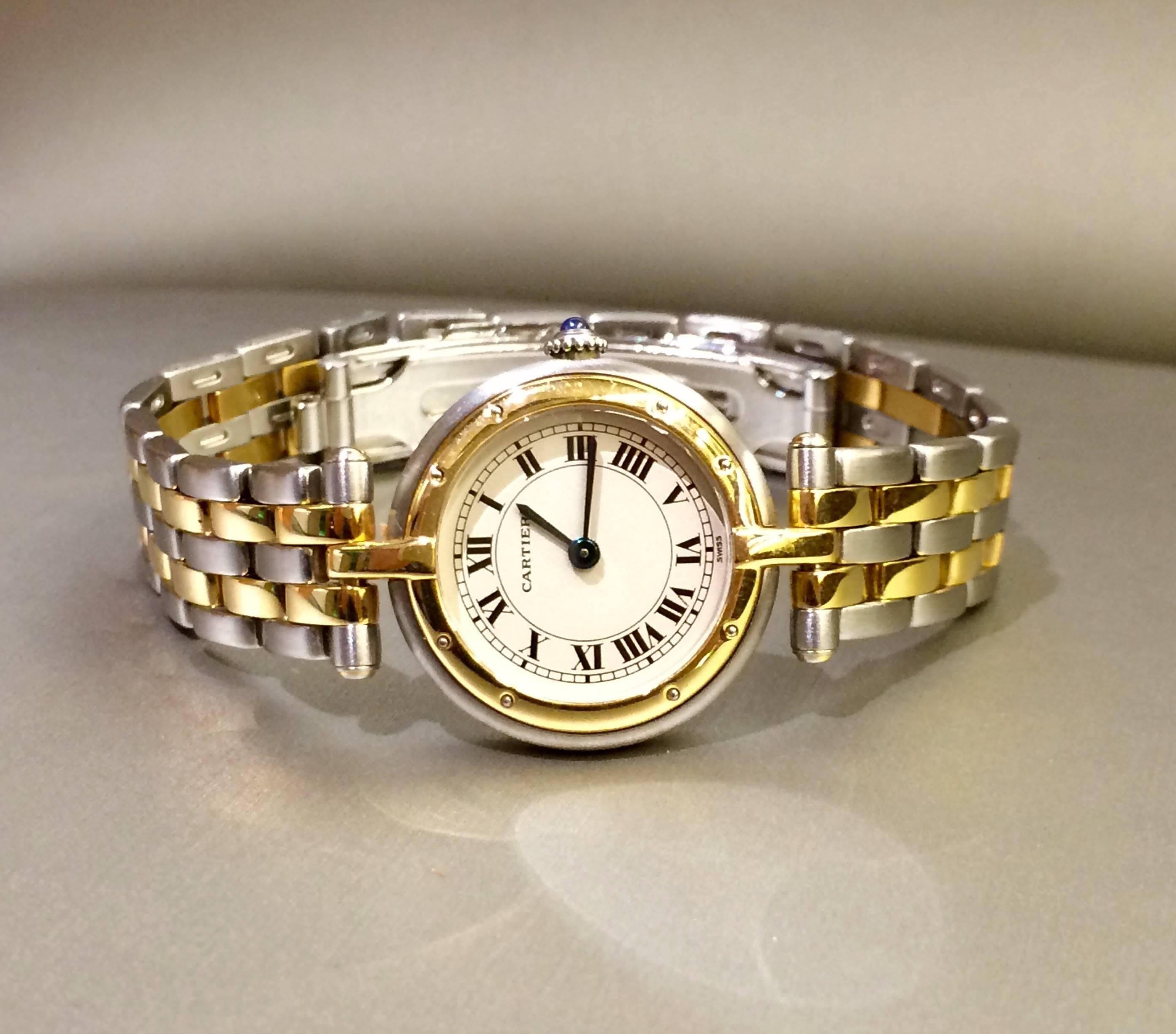 Cartier Panthere Ronde Collection timepiece, features a mix of yellow-gold and silver finishes, this exquisite pre-owned watch graces your wrist with Cartier cachet. Feel confident in any setting when you wear this chic timepiece with a precision