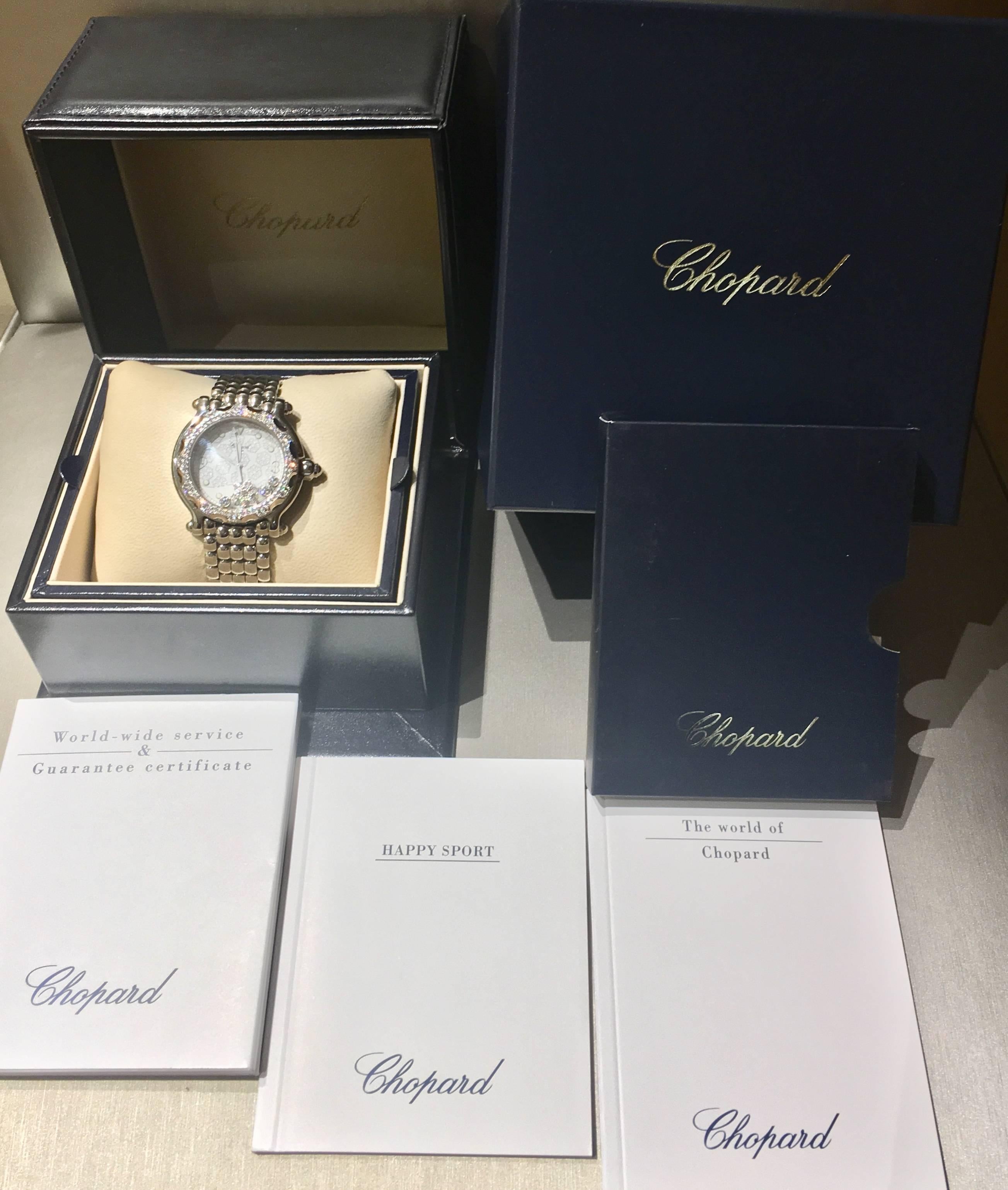 Chopard stainless steel Happy Sport Diamond Snowflake Quartz Wristwatch In Excellent Condition For Sale In Ottawa, Ontario