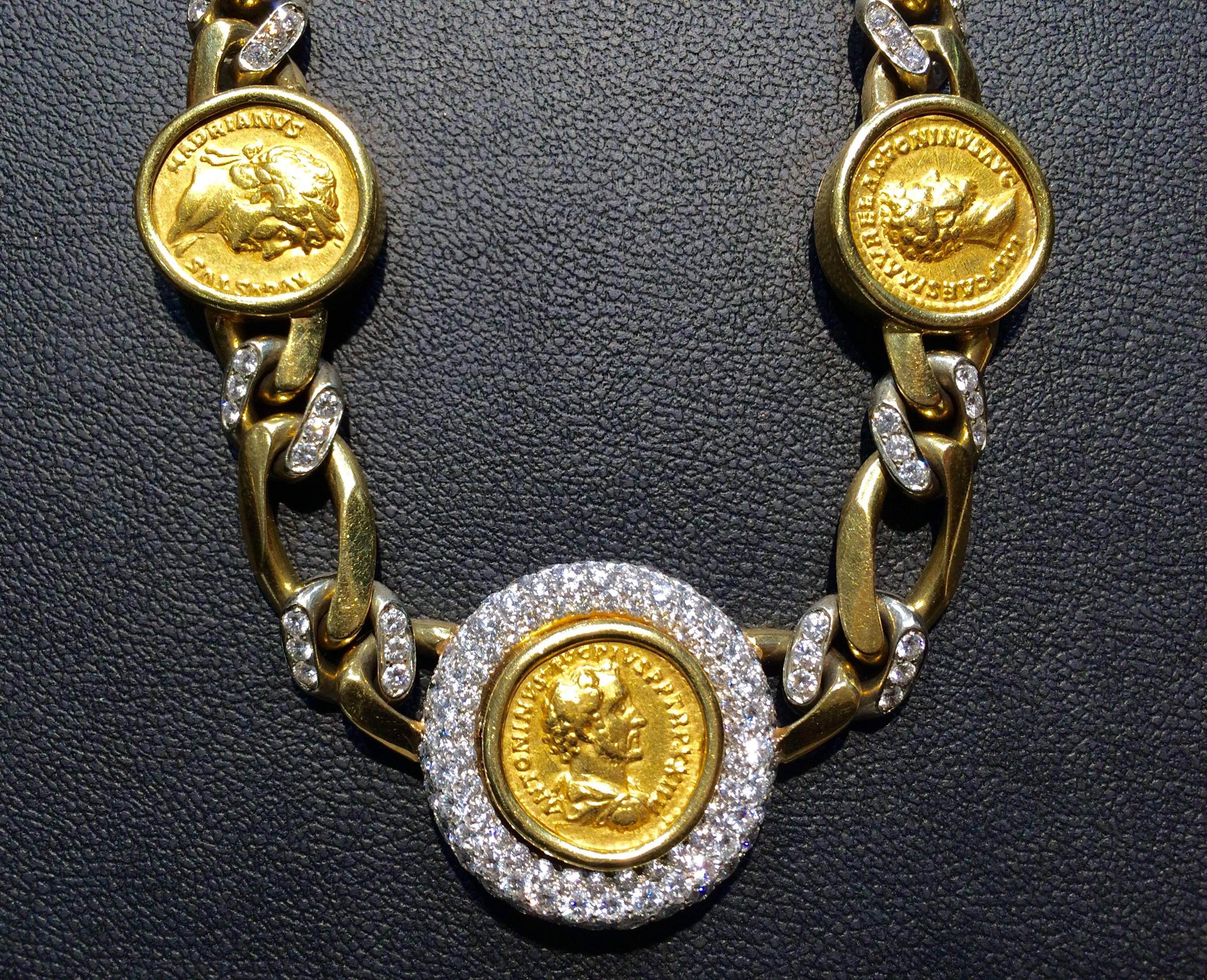 Classical Roman Bulgari 18kt Gold Roman Ancient Coin Diamond Necklace