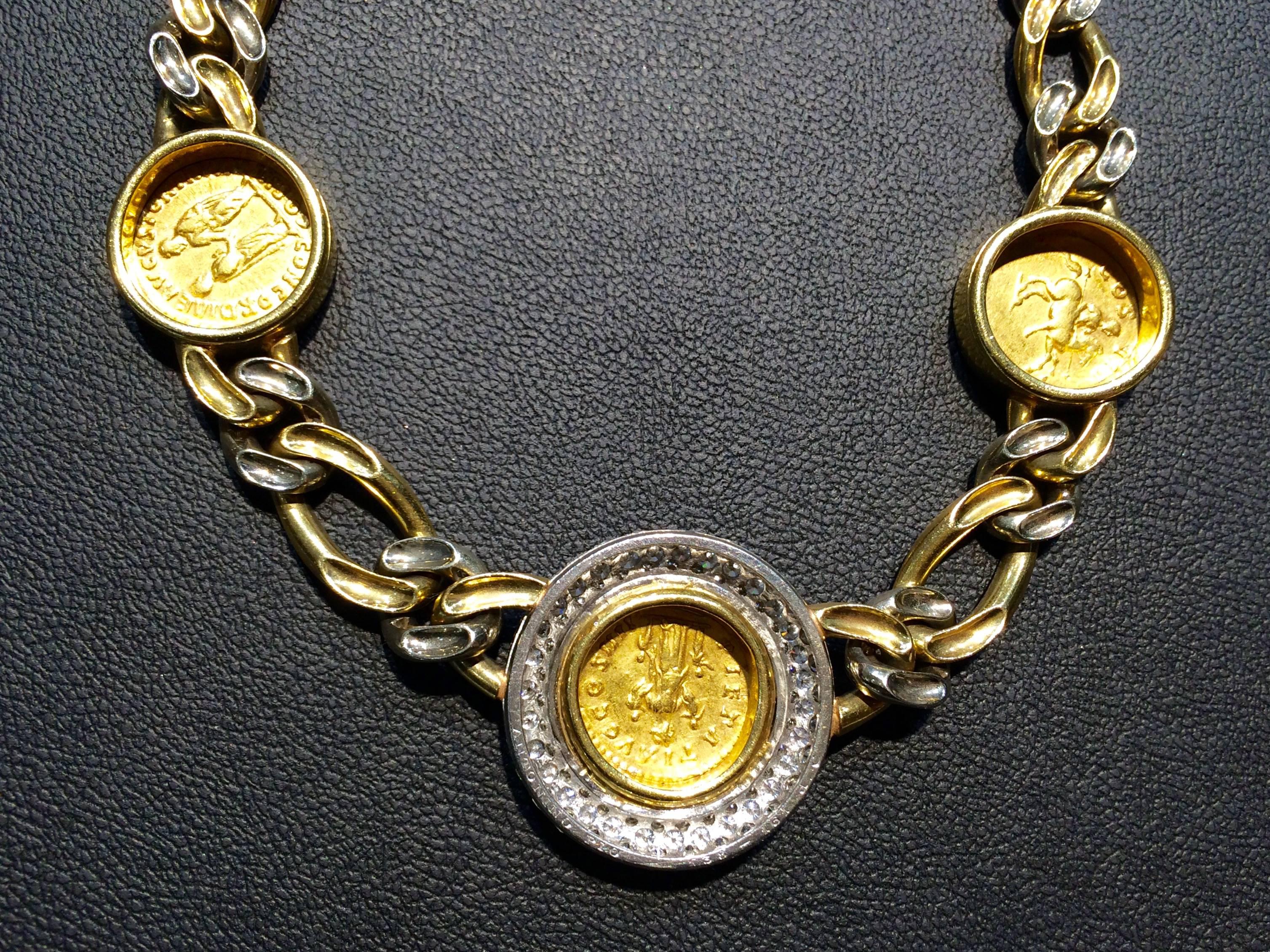 Bulgari 18kt Gold Roman Ancient Coin Diamond Necklace In Excellent Condition In Ottawa, Ontario