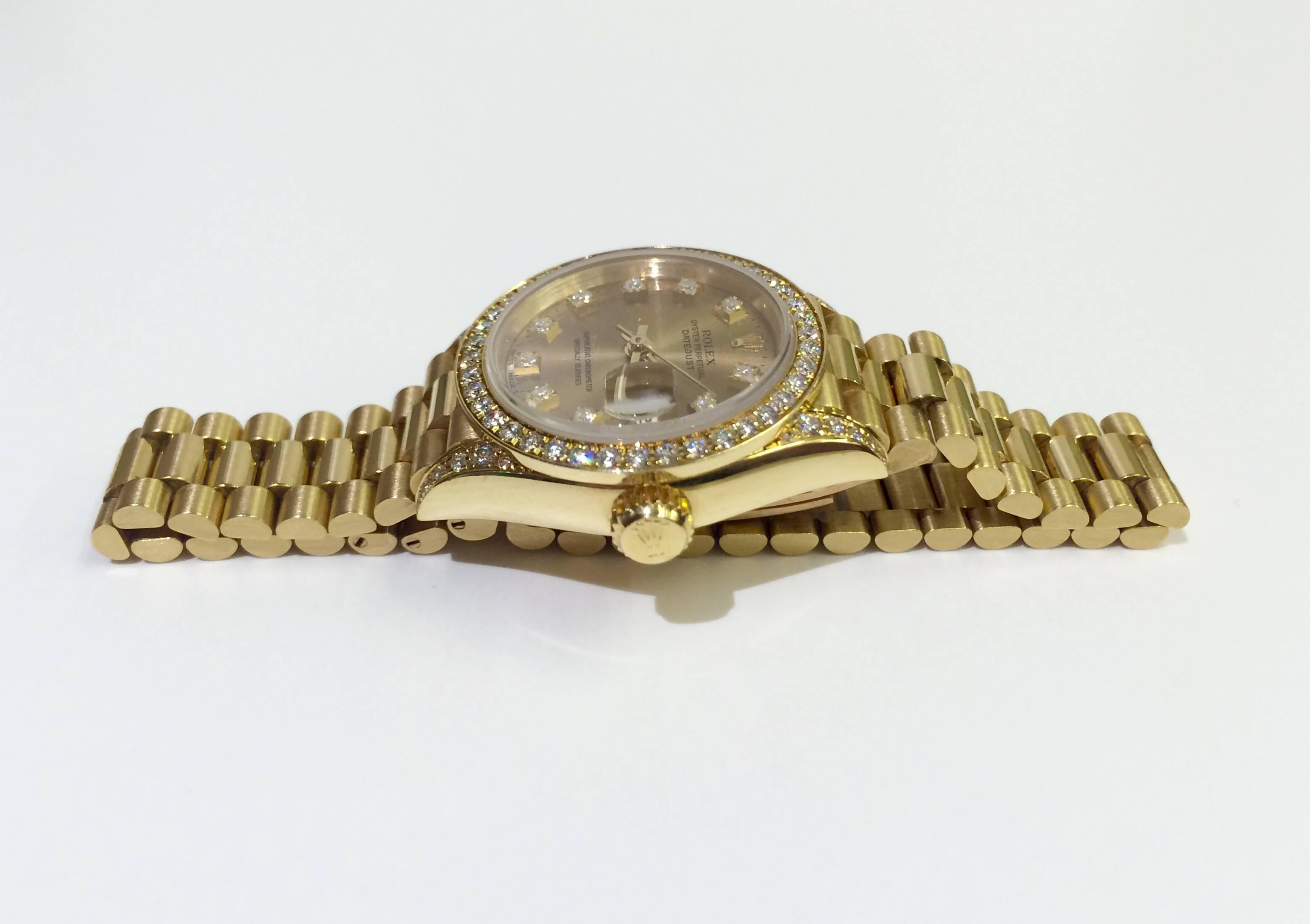 Women's Rolex Lady's Yellow Gold President Oyster Datejust Diamond Wristwatch Ref 69158