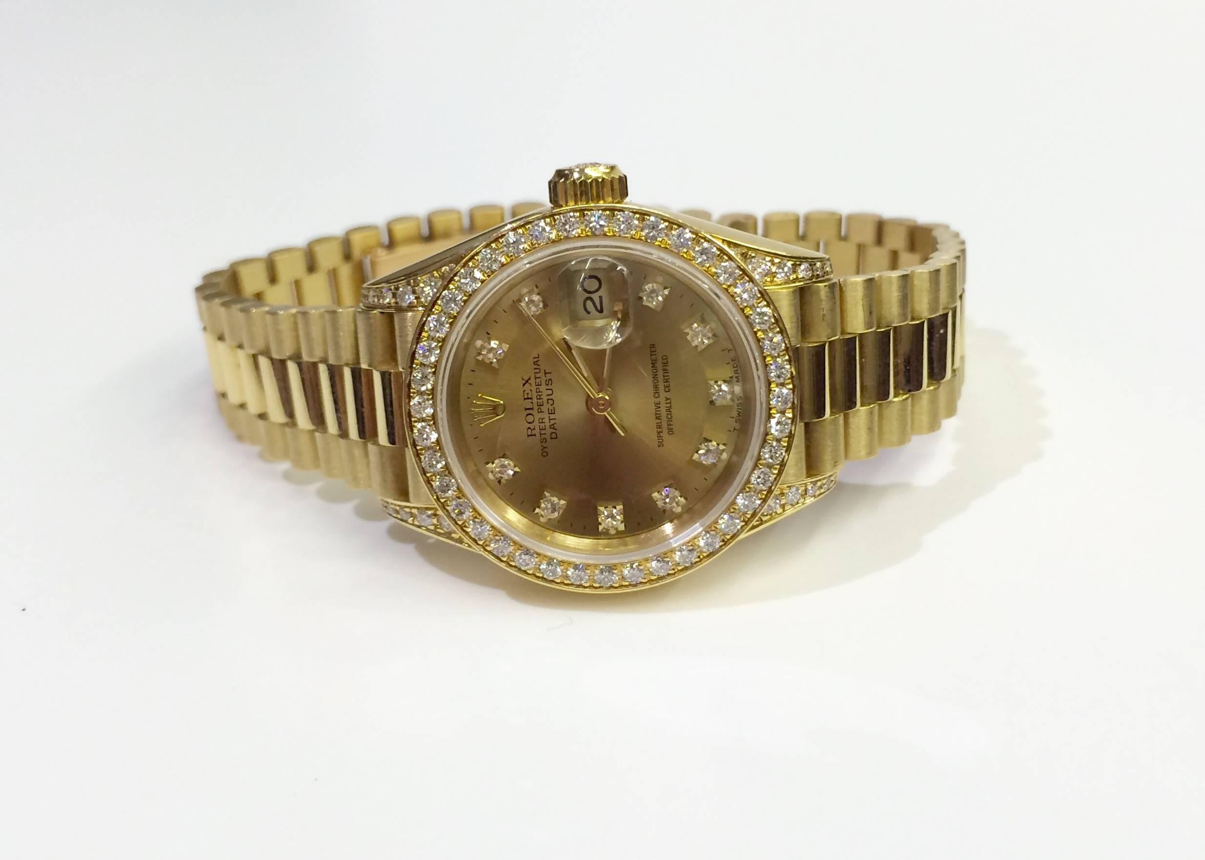 Rolex Lady's Yellow Gold President Oyster Datejust Diamond Wristwatch Ref 69158 1