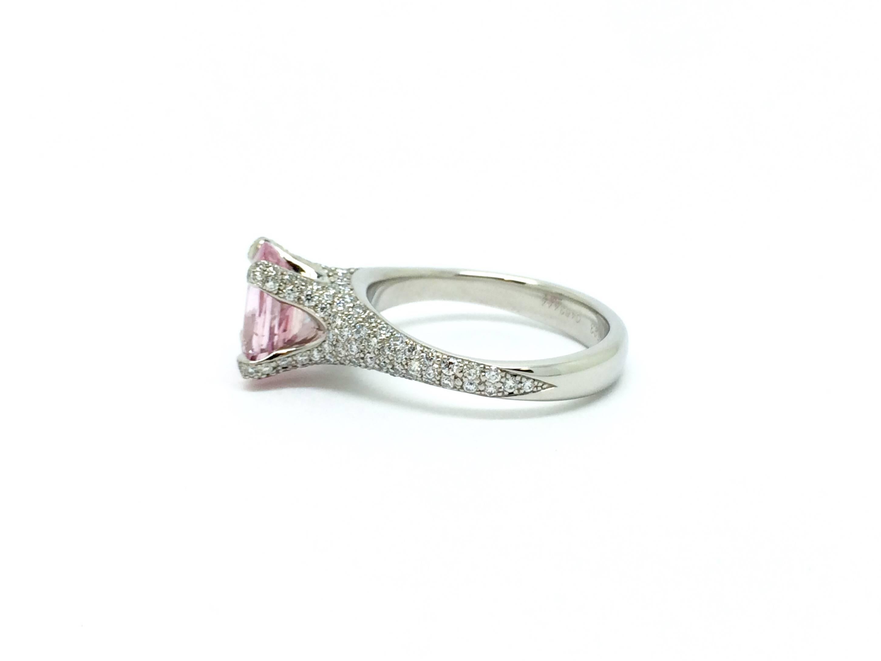 One Platinum Pave Diamond and Oval Pink Sapphire Ring. Furrer Jacot Swiss Designer, Diamonds are 0.59TW. Ring Features a 2.50 Oval Light Pink Sapphire. Stamped Pt950 FJ SWISS 139 TW VS 0.593 0463444.