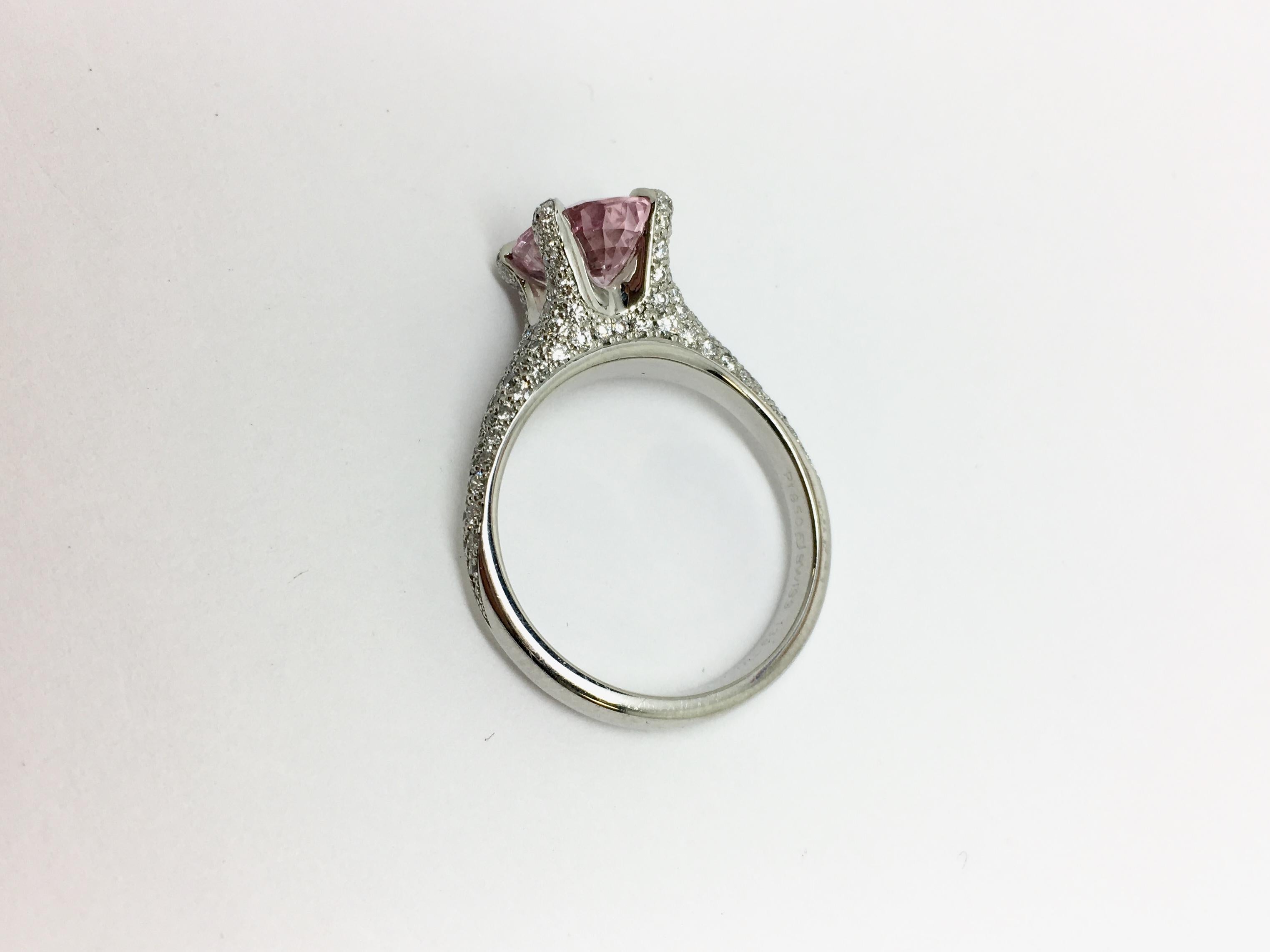 Pink Sapphire Diamond Platinum Cocktail Ring For Sale 2