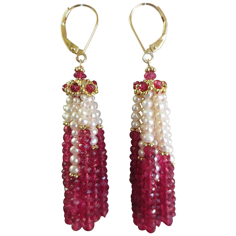 Faceted Ruby Bead and Pearl Tassel Earrings w.14 K Yellow Gold at 1stdibs