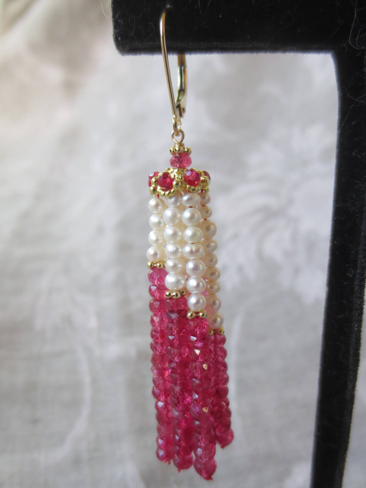 Contemporary Faceted Ruby Bead & Pearl Tassel Earrings w.14 K Yellow Gold