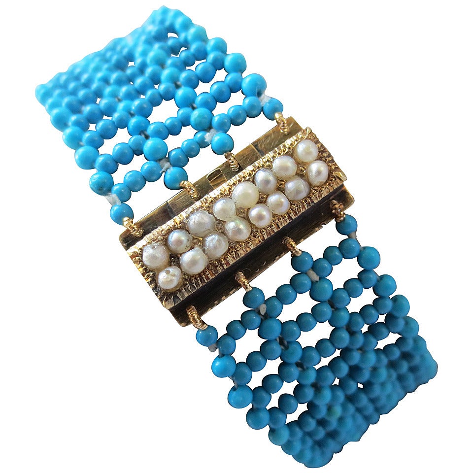 Multi Strand Woven Turquoise Bracelet with Antique and Natural Pearl Gold Clasp