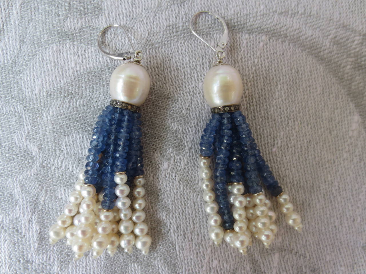 White Pearl and Sapphire Tassel Earrings with 14k White Gold Lever Backs In New Condition In Los Angeles, CA