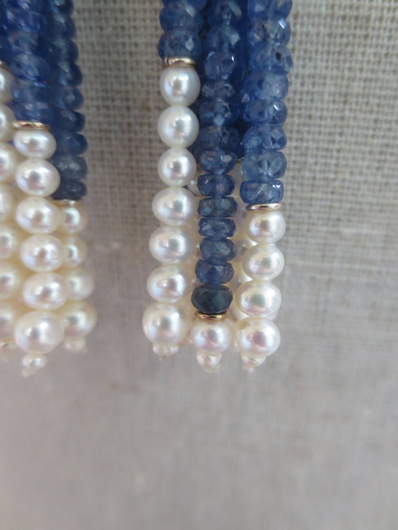 White Pearl and Sapphire Tassel Earrings with 14k White Gold Lever Backs 1