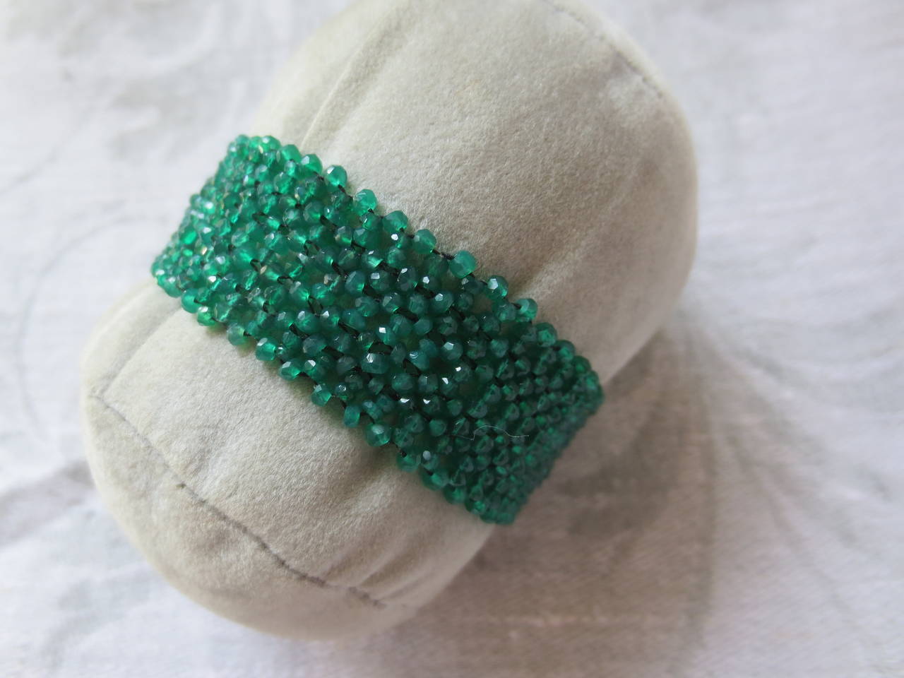 Contemporary Multi strand fine woven Green Onyx beads bracelet with unique antique clasp