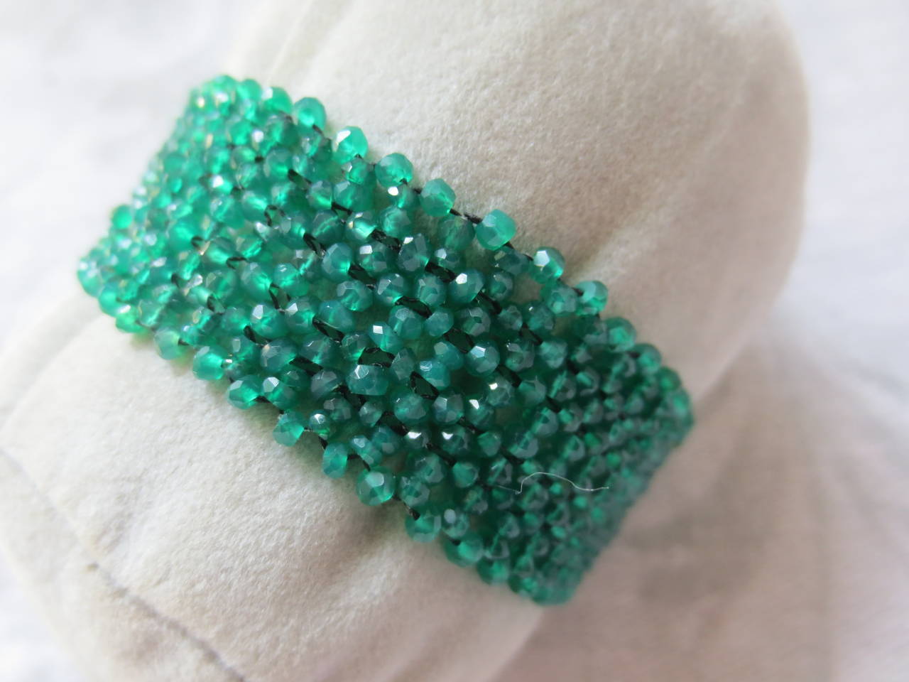 Multi strand fine woven Green Onyx beads bracelet with unique antique clasp In Excellent Condition In Los Angeles, CA