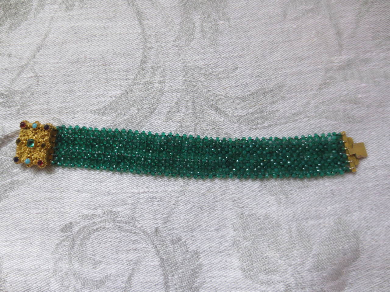 Women's Multi strand fine woven Green Onyx beads bracelet with unique antique clasp