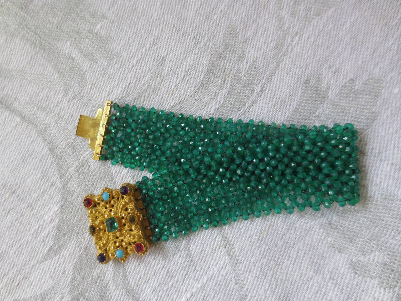 Multi strand fine woven Green Onyx beads bracelet with unique antique clasp 1