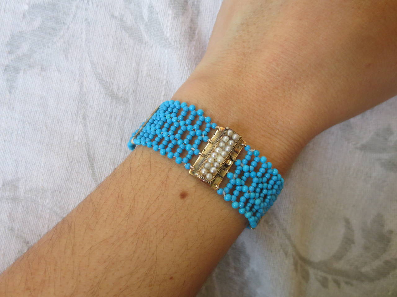 Multi Strand Woven Turquoise Bracelet with Antique and Natural Pearl Gold Clasp 2