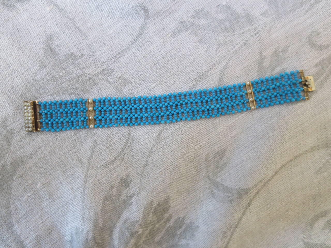 Multi Strand Woven Turquoise Bracelet with Antique and Natural Pearl Gold Clasp 1
