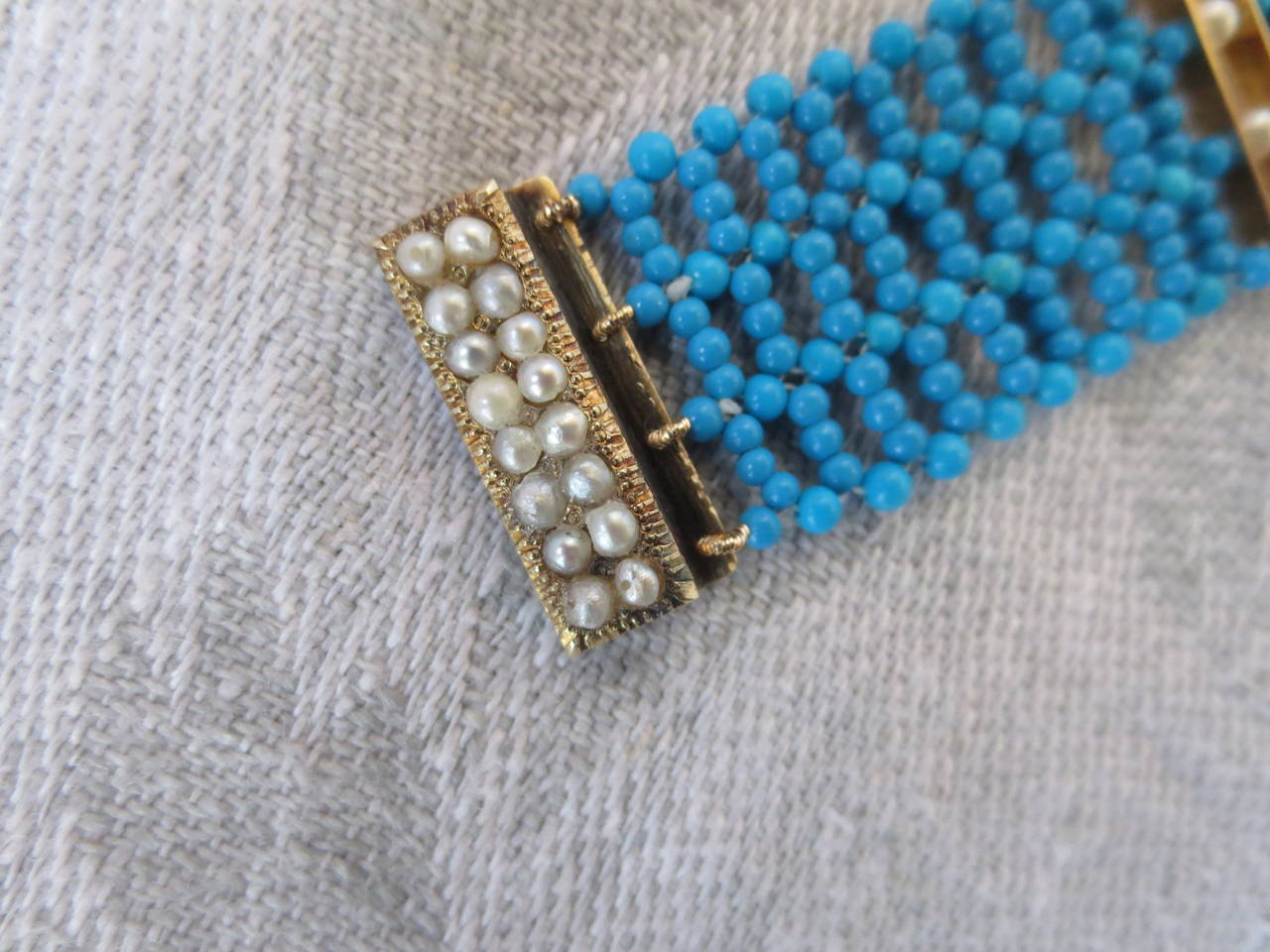 Multi Strand Woven Turquoise Bracelet with Antique and Natural Pearl Gold Clasp In Excellent Condition In Los Angeles, CA