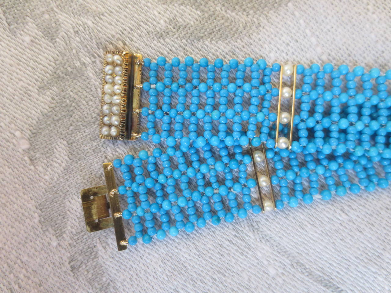 Women's Multi Strand Woven Turquoise Bracelet with Antique and Natural Pearl Gold Clasp