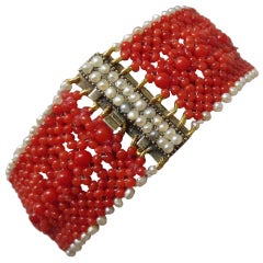 Woven Coral and Pearl Bracelet with a Pearl and 14 k Yellow Gold and Pearl Clasp