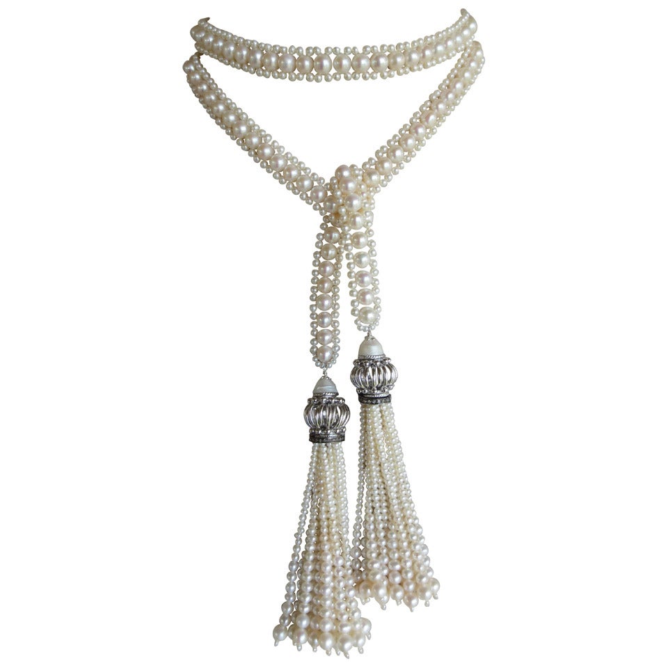 White Pearl Sautoir Necklace with Rhodium Plated Silver Beads and Pearl Tassels 
