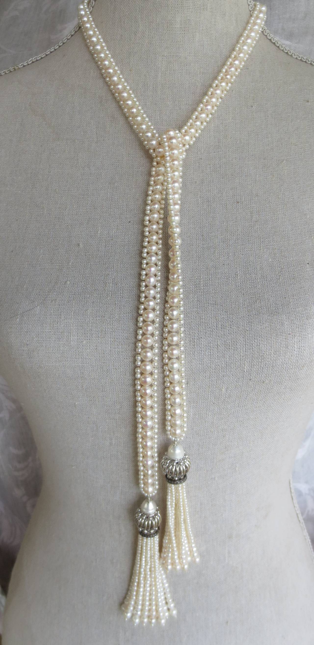 Artist White Pearl Sautoir Necklace with Rhodium Plated Silver Beads and Pearl Tassels 