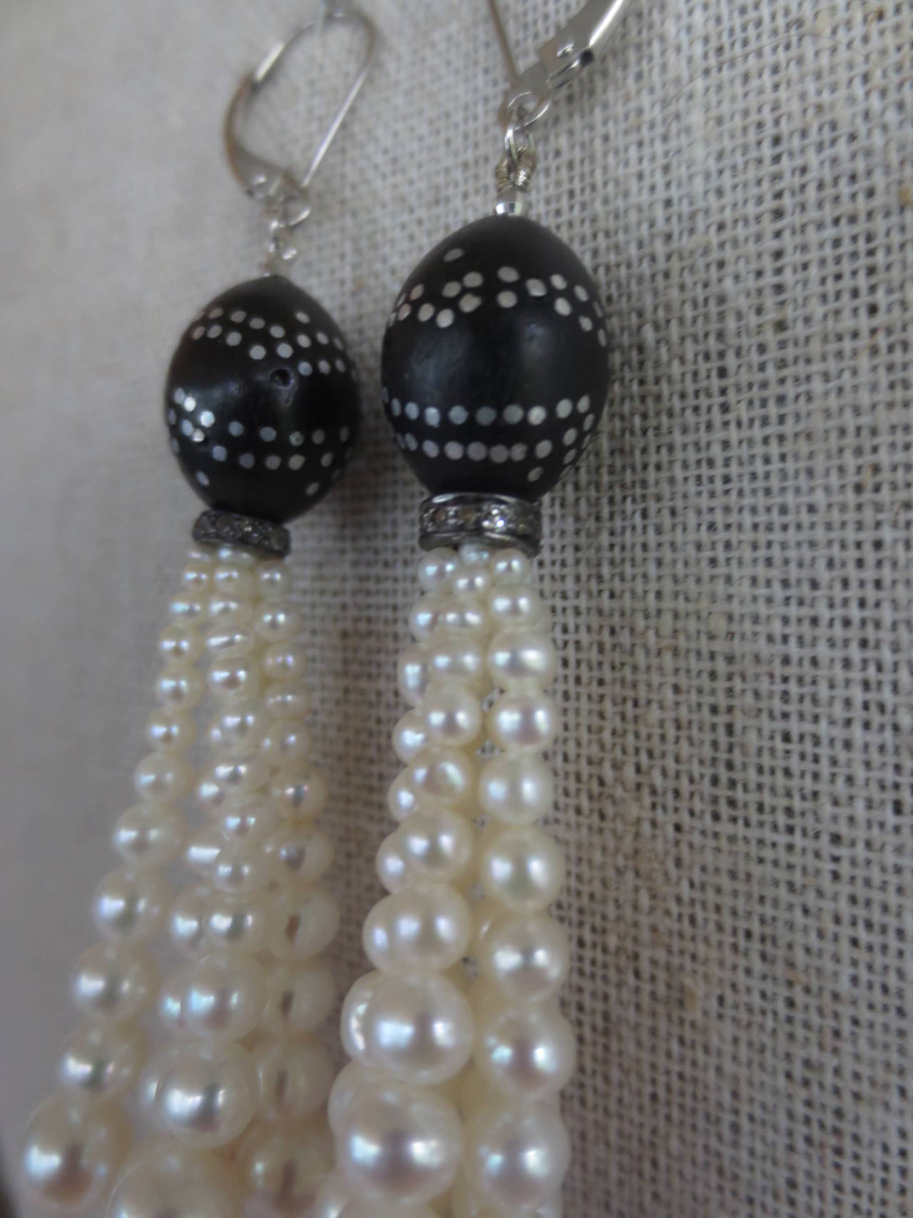 Pearl and Silver Inlay Tassel Earrings In Excellent Condition In Los Angeles, CA
