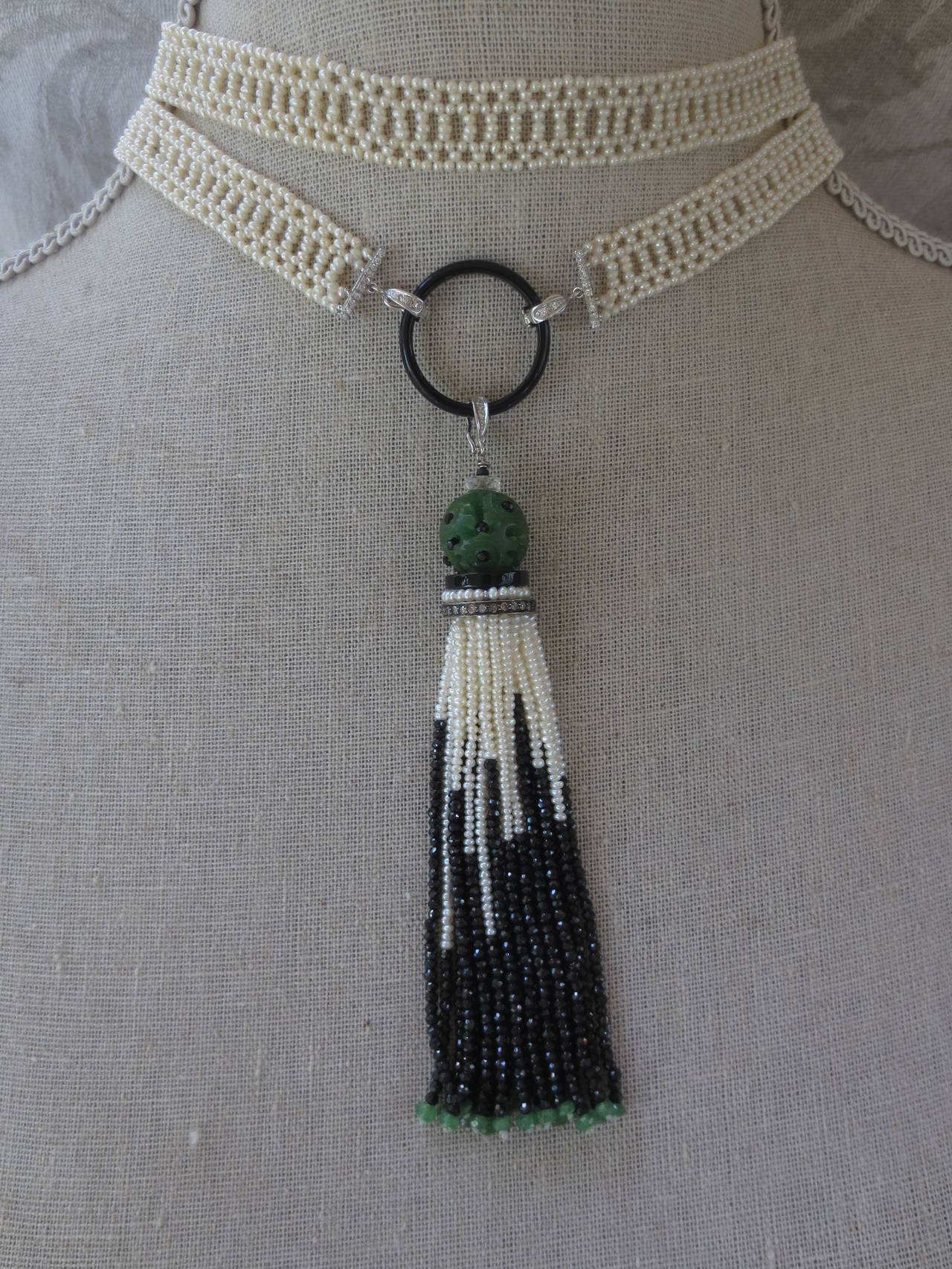Women's Marina J. Woven Long Seed Pearl Sautoir Necklace with 14K Gold and Onyx Tassel