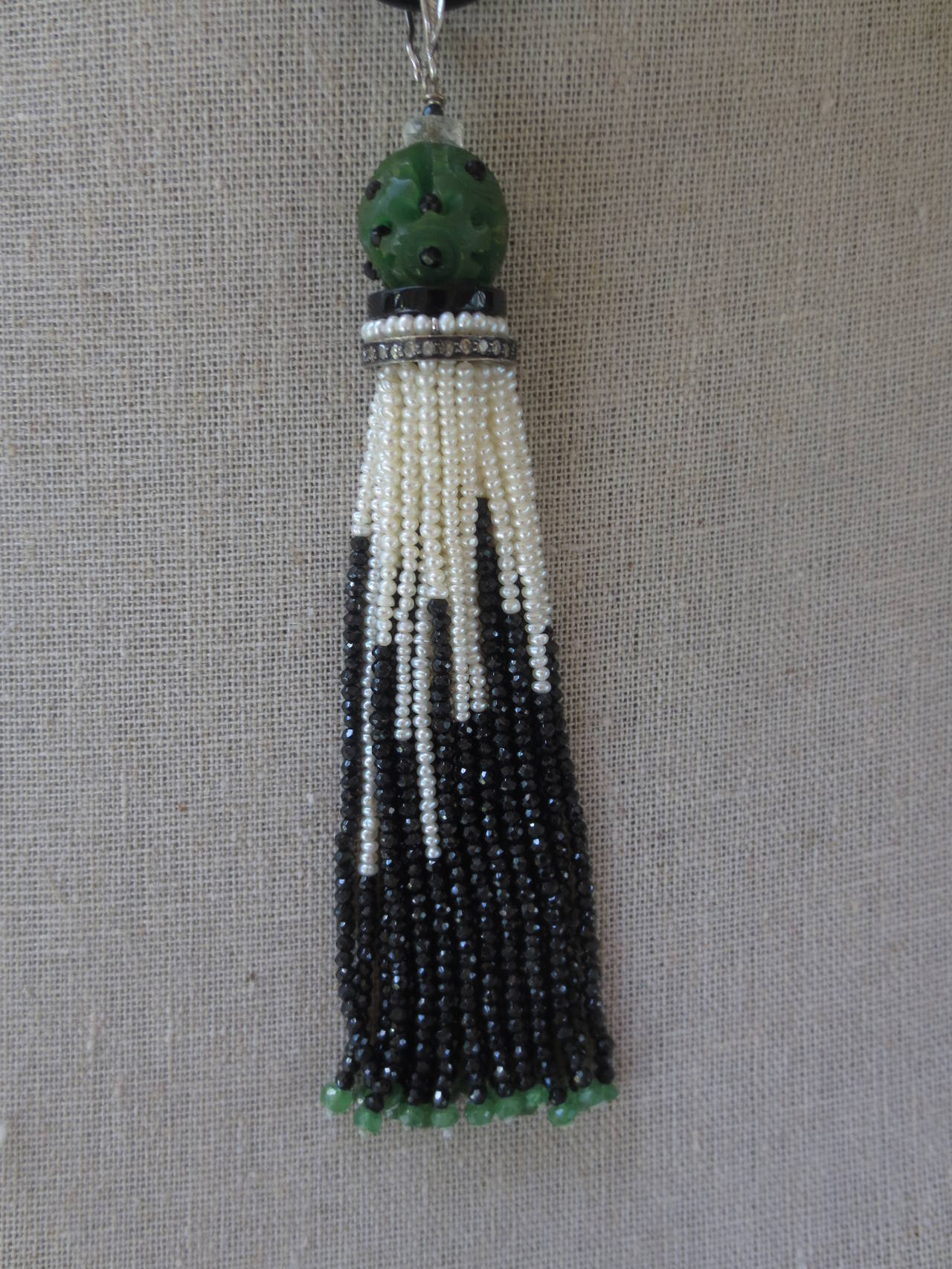 Marina J. Woven Long Seed Pearl Sautoir Necklace with 14K Gold and Onyx Tassel In New Condition In Los Angeles, CA
