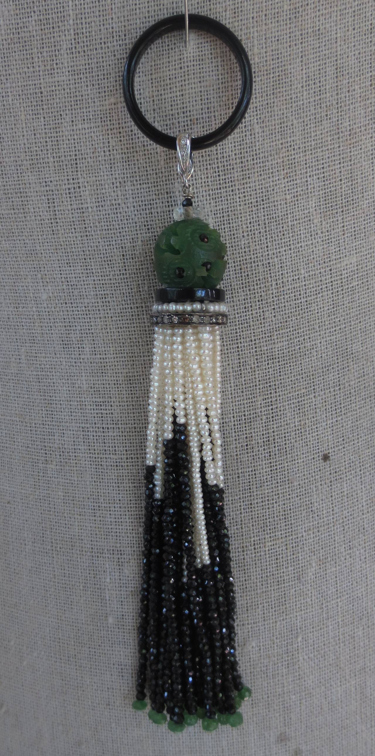 Marina J. Woven Long Seed Pearl Sautoir Necklace with 14K Gold and Onyx Tassel 2