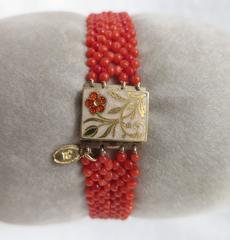 Woven Multi-Strand Coral Bead Bracelet with Enamel Centerpiece Clasp