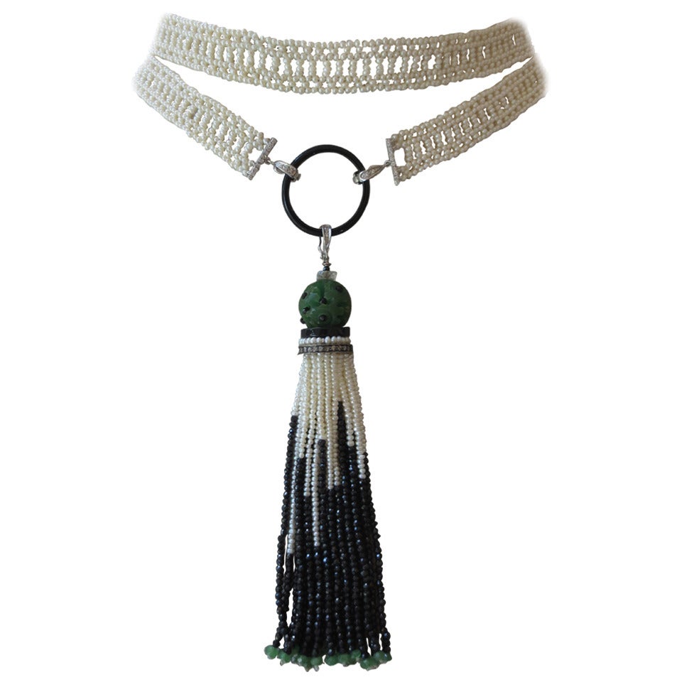Marina J. Woven Long Seed Pearl Sautoir Necklace with 14K Gold and Onyx Tassel