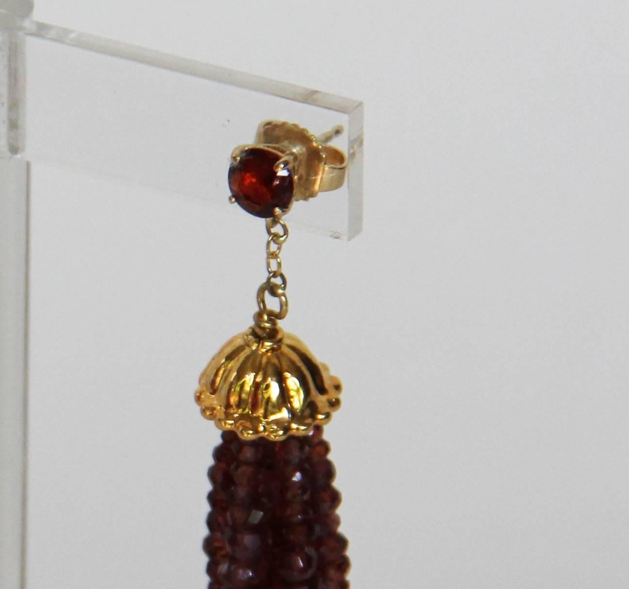 Women's Garnet Tassel Earrings with Gold-Plated Silver Cup and Gold Stud by Marina J