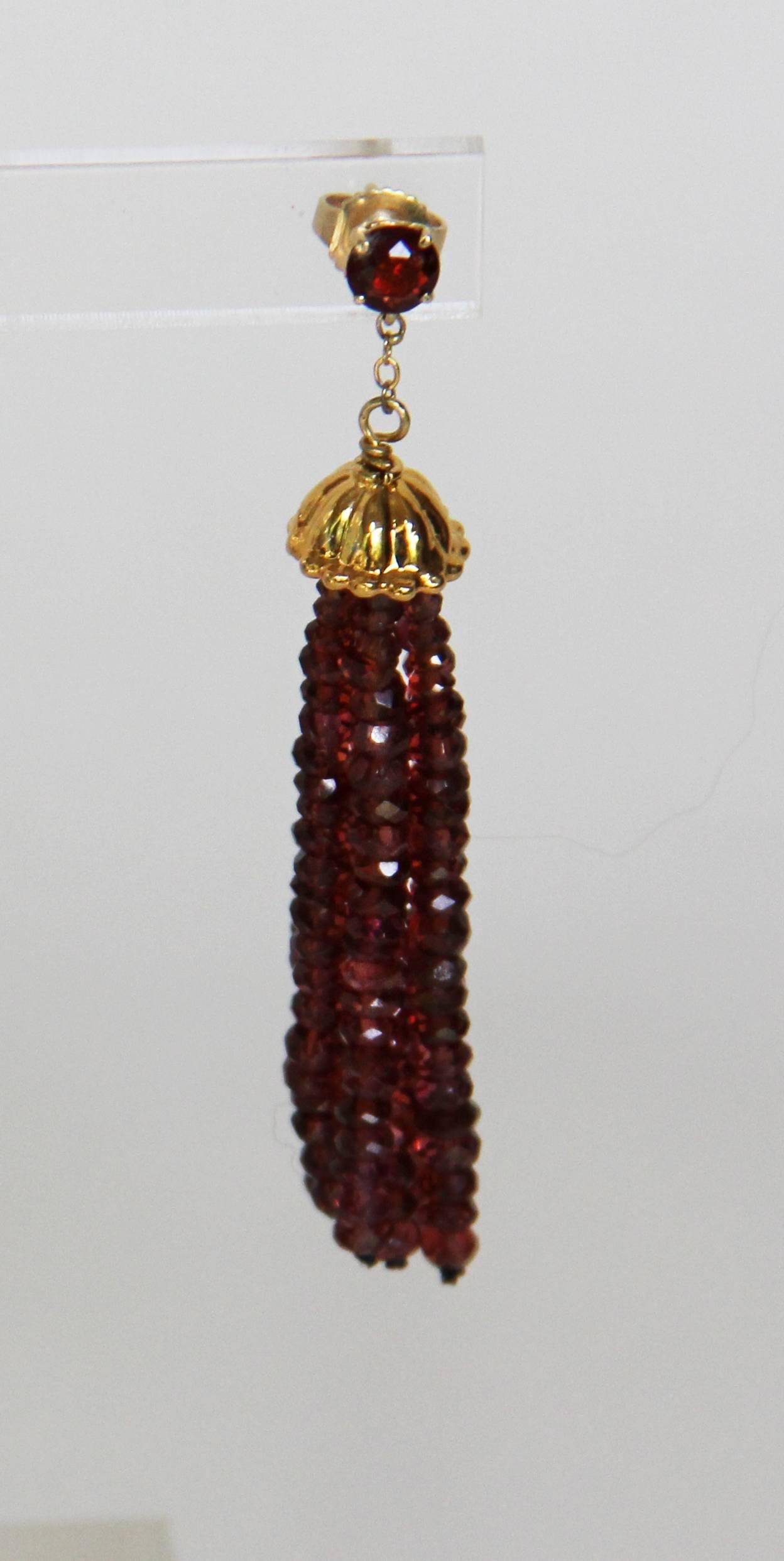 Garnet Tassel Earrings with Gold-Plated Silver Cup and Gold Stud by Marina J In New Condition In Los Angeles, CA