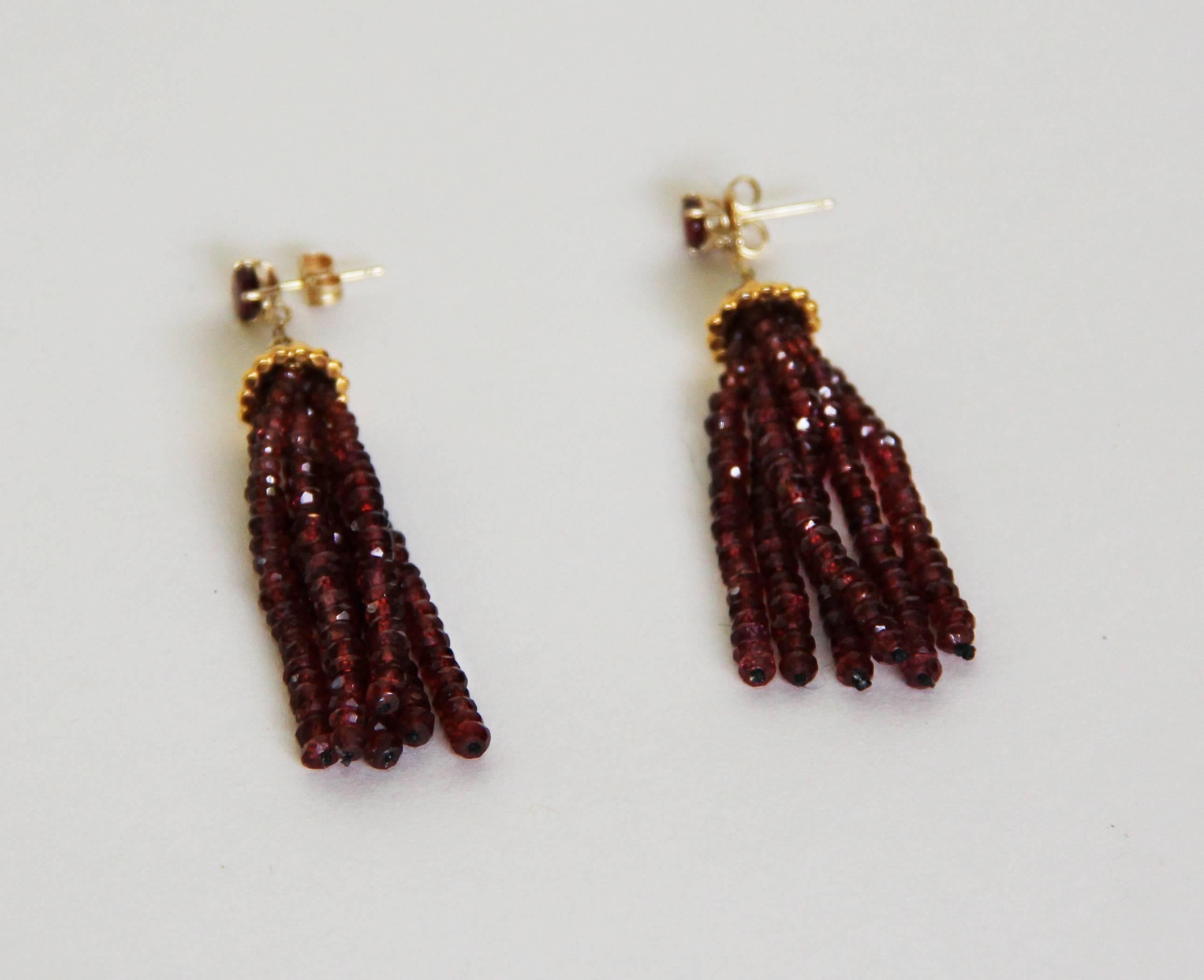 Artist Garnet Tassel Earrings with Gold-Plated Silver Cup and Gold Stud by Marina J