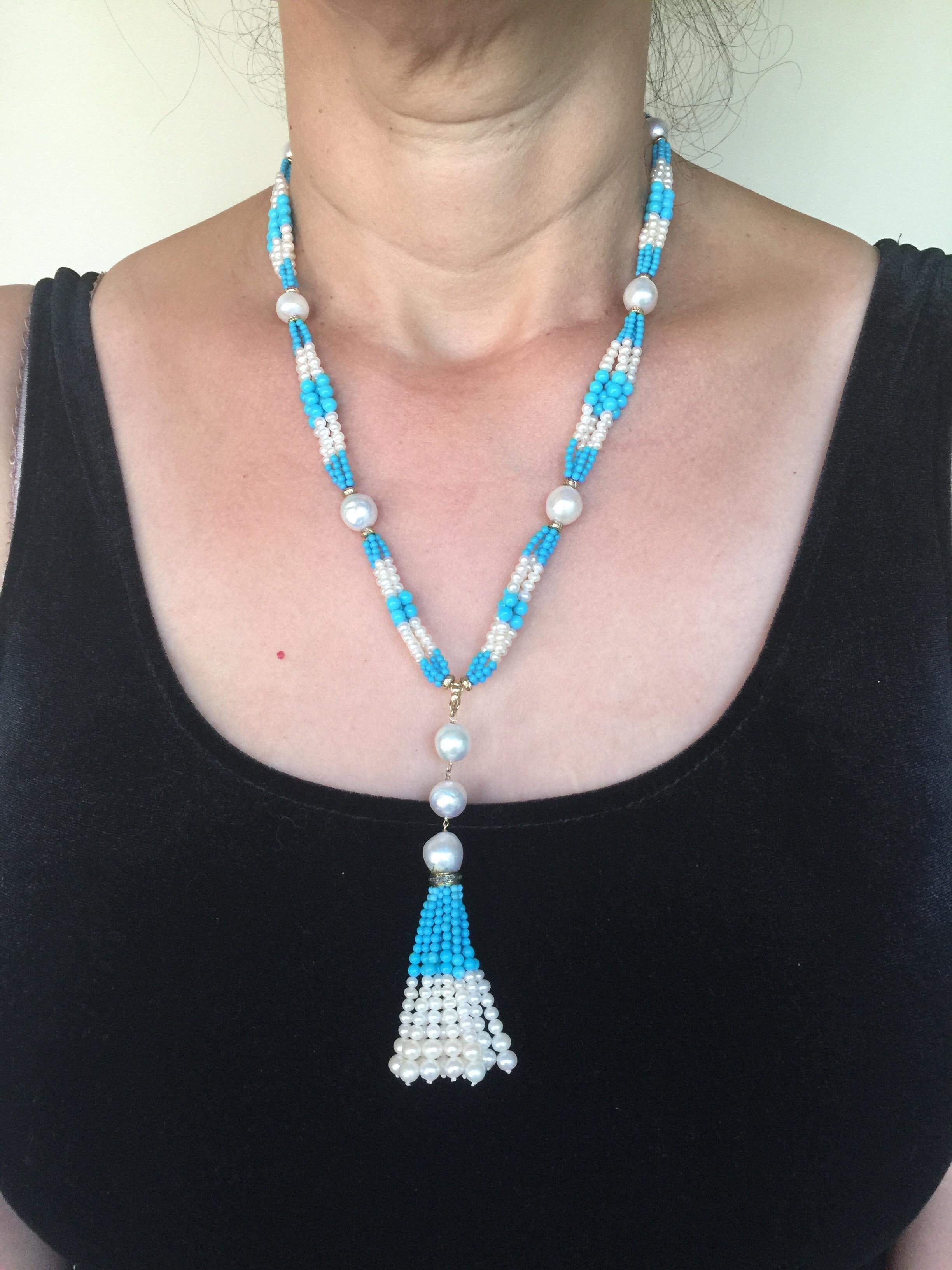Marina J. Cluster Pearl & Turquoise Long Sautoir with 14k Yellow Gold and Tassel 8