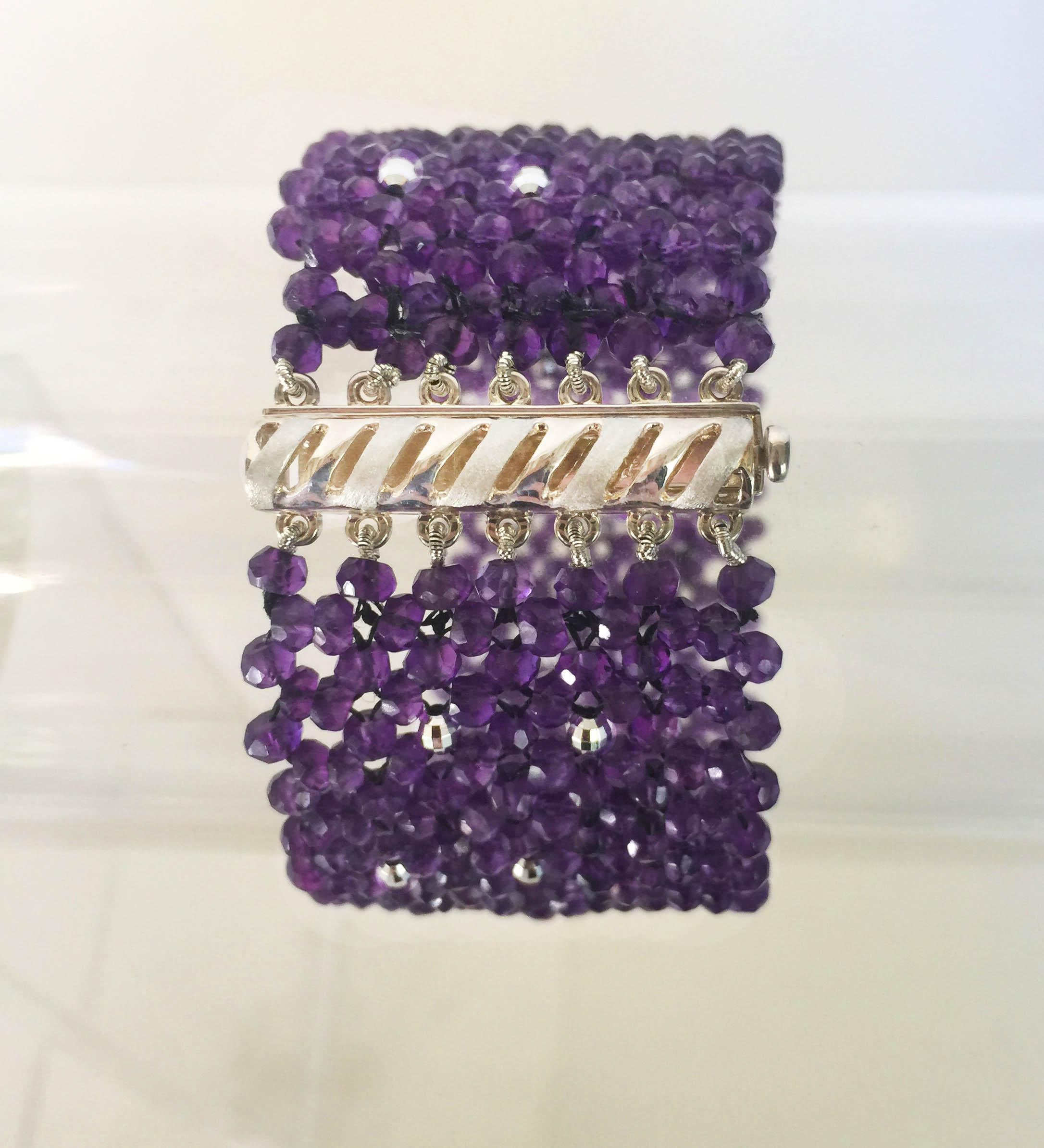 Artist Woven Faceted Amethyst Cuff Bracelet with Sterling Silver Clasp and Beads