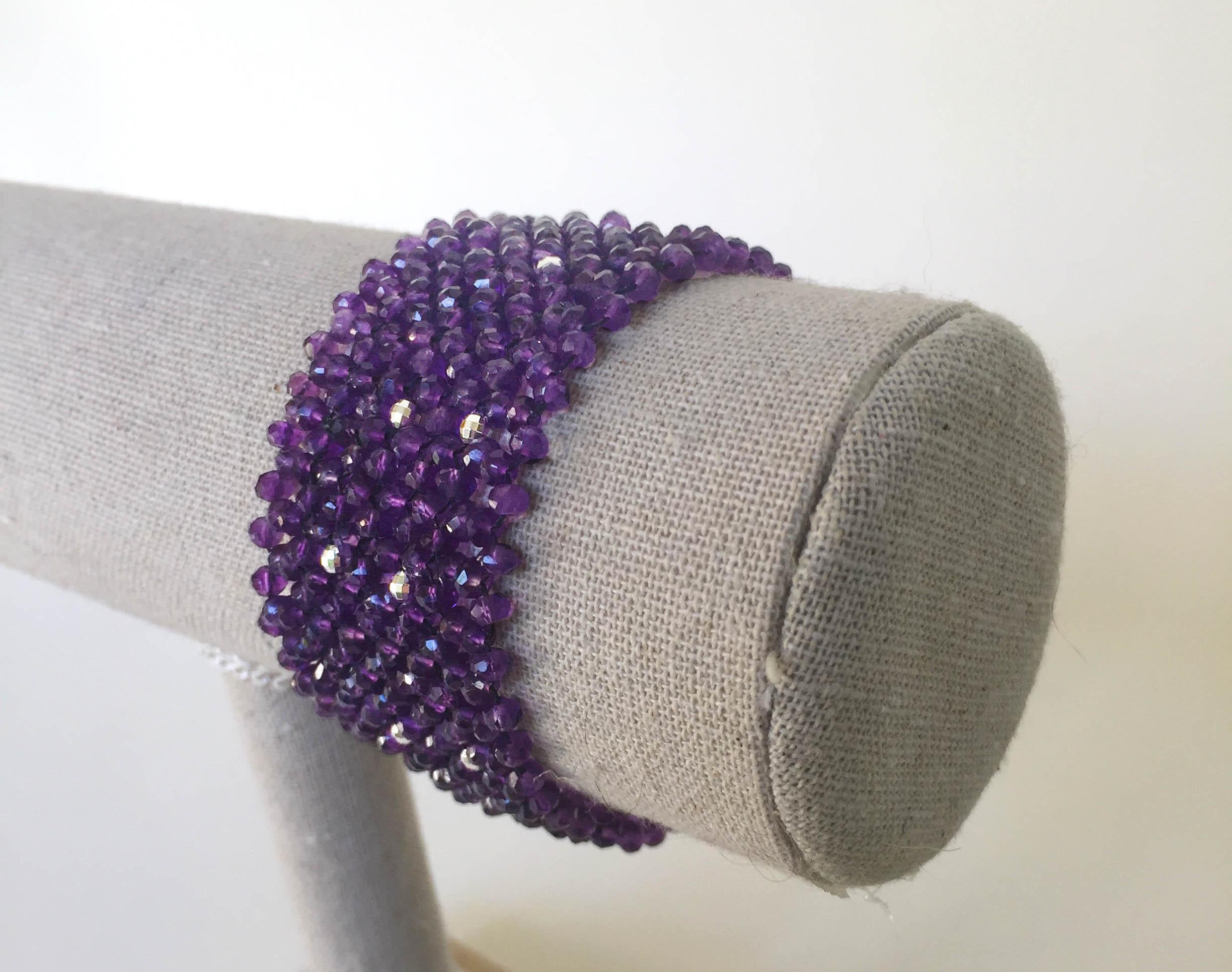 Woven Faceted Amethyst Cuff Bracelet with Sterling Silver Clasp and Beads In New Condition In Los Angeles, CA