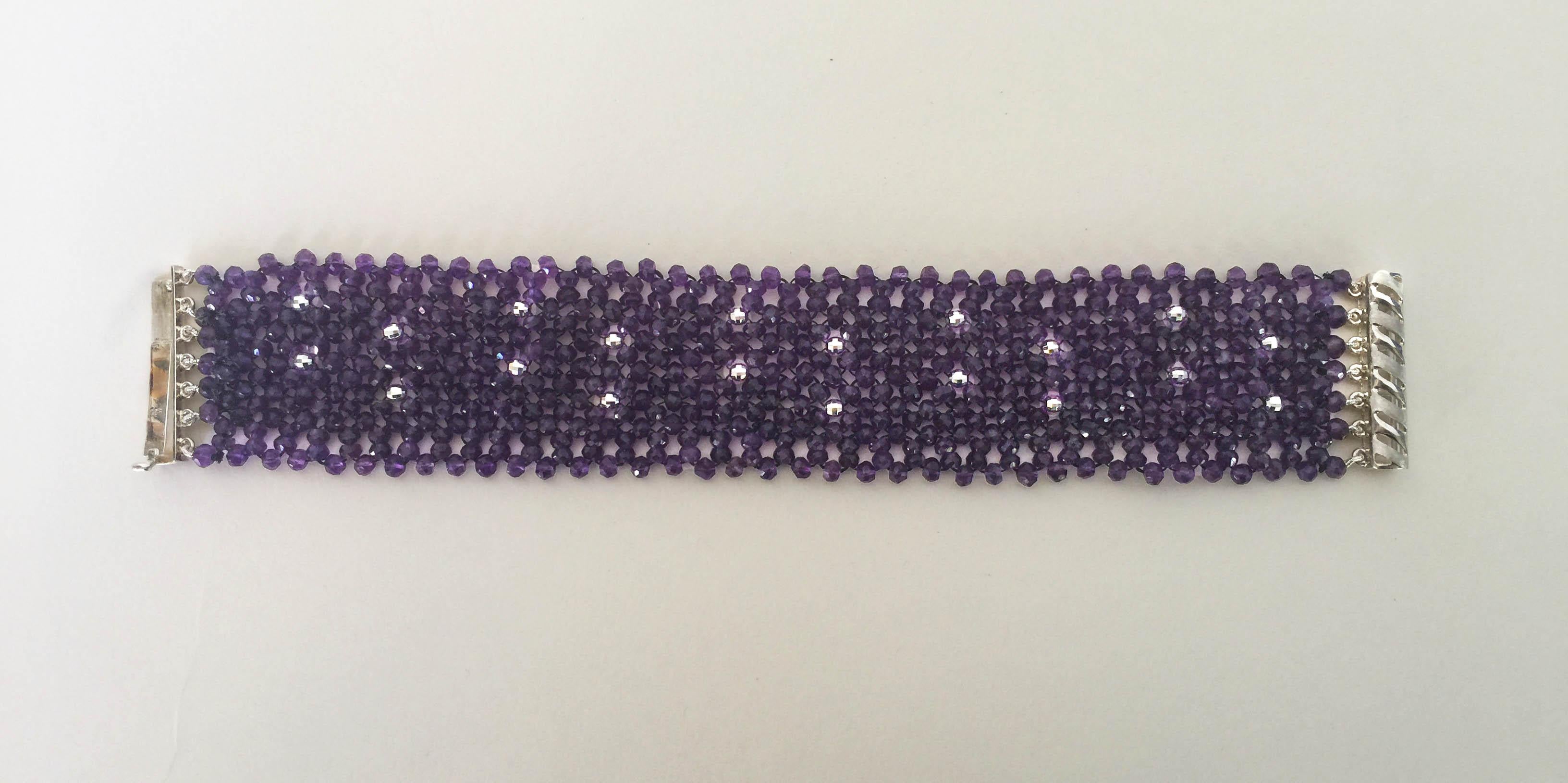 Women's Woven Faceted Amethyst Cuff Bracelet with Sterling Silver Clasp and Beads