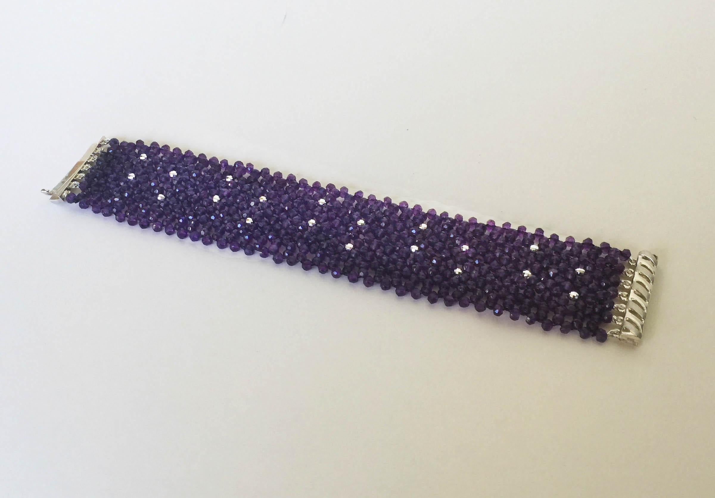 Woven Faceted Amethyst Cuff Bracelet with Sterling Silver Clasp and Beads 1