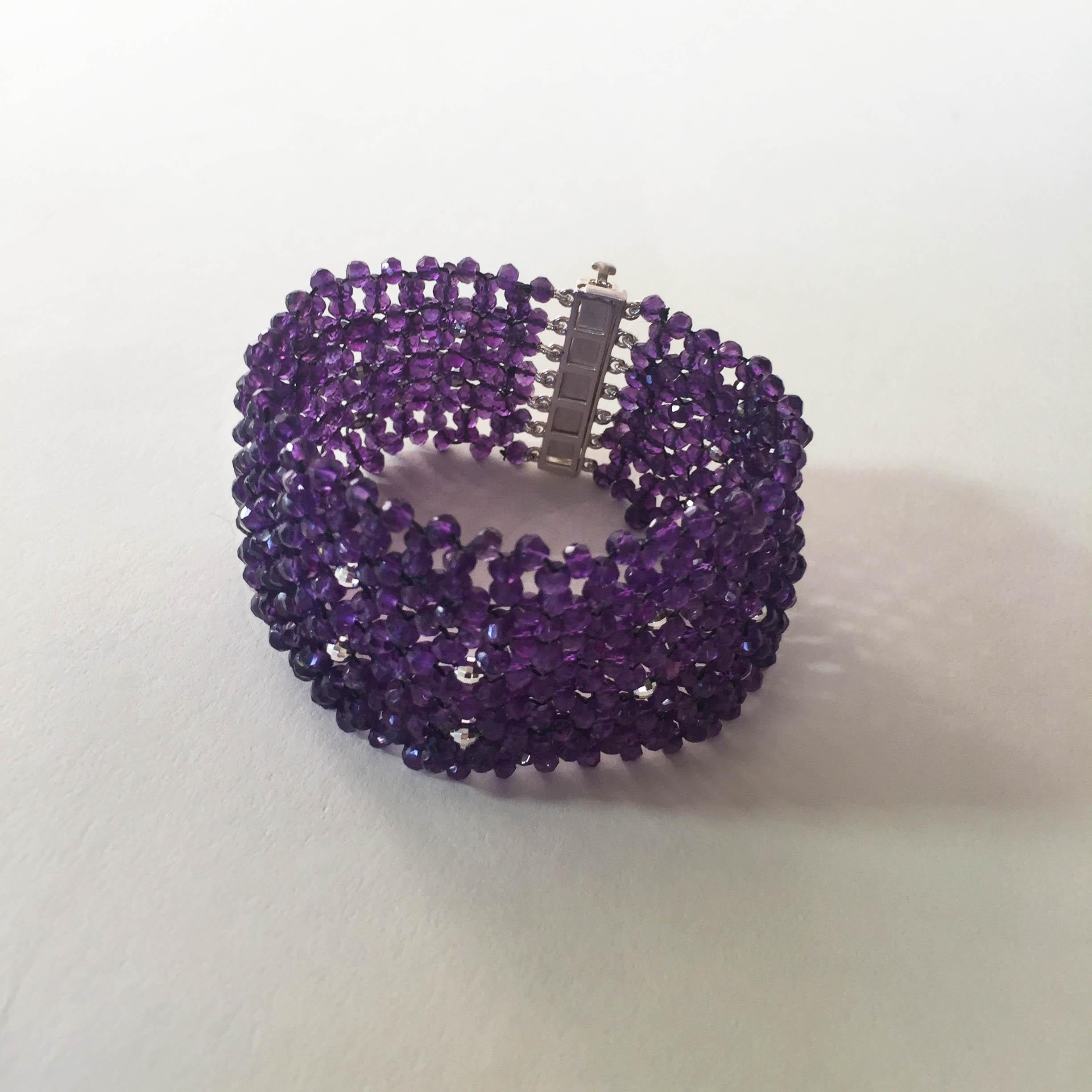 Woven Faceted Amethyst Cuff Bracelet with Sterling Silver Clasp and Beads 2