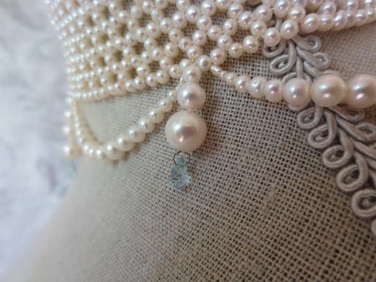 Pearl Draped Choker with Aquamarine Accents In Excellent Condition In Los Angeles, CA