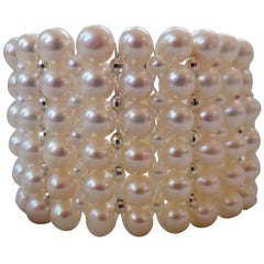 Marina J. Multi Strand Woven White Pearl Cuff Bracelet with Silver Sliding Clasp