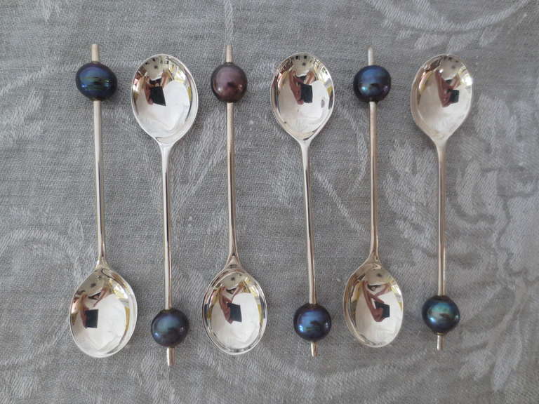 Antique sterling silver English spoons have been adorned with Marina J's signature style with Black Pearl handles. The back of the spoons have been stamped to identify them as Edward Viner, Sheffield, Sterling Silver markers. Unusual and unique,