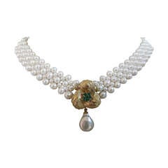 Woven White Pearl Necklace with Emerald and 14k Yellow Gold Front Facing Clasp