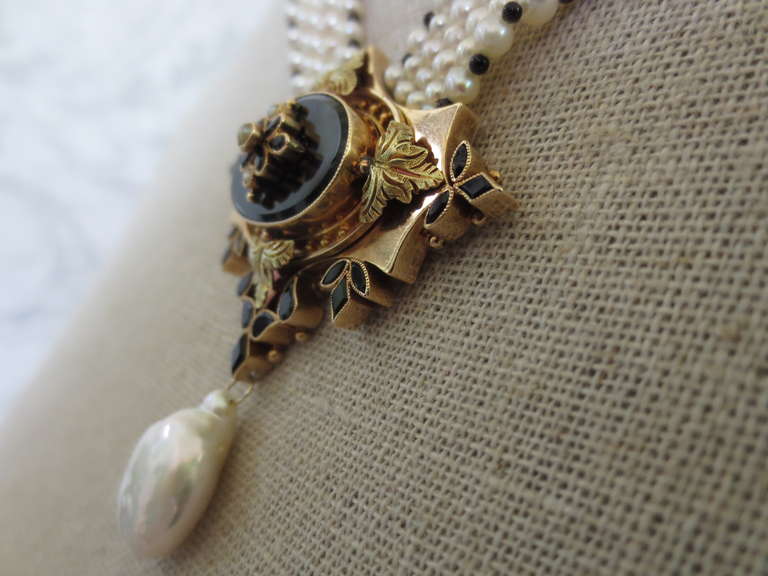 Woven Multi-Strand Pearl and Onyx Necklace with Antique Victorian Centerpiece In Excellent Condition In Los Angeles, CA