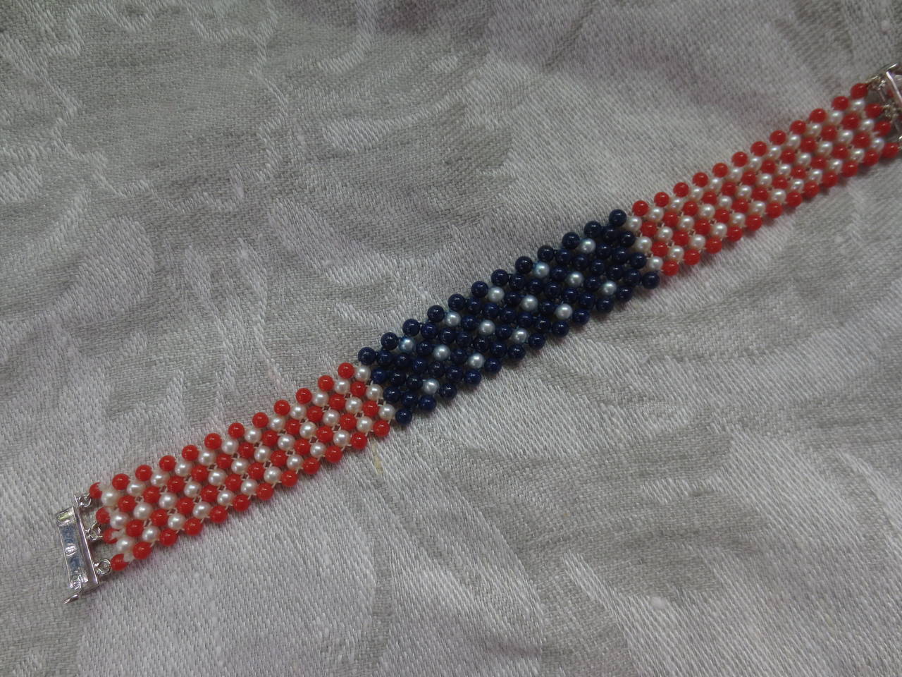 Pearl, Lapis & Coral Bead Bracelet woven in American flag pattern. 5