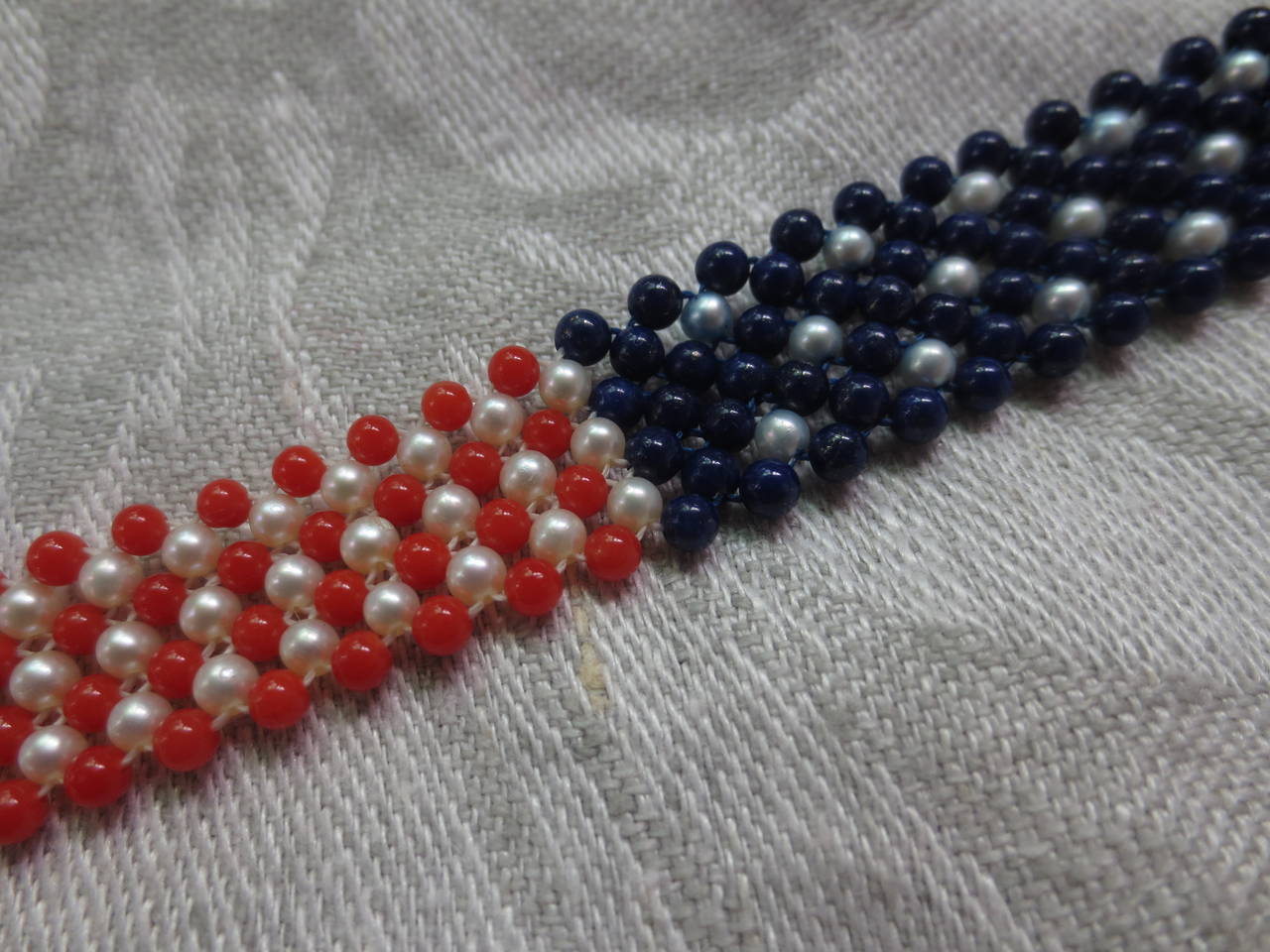 Pearl, Lapis & Coral Bead Bracelet woven in American flag pattern. 2